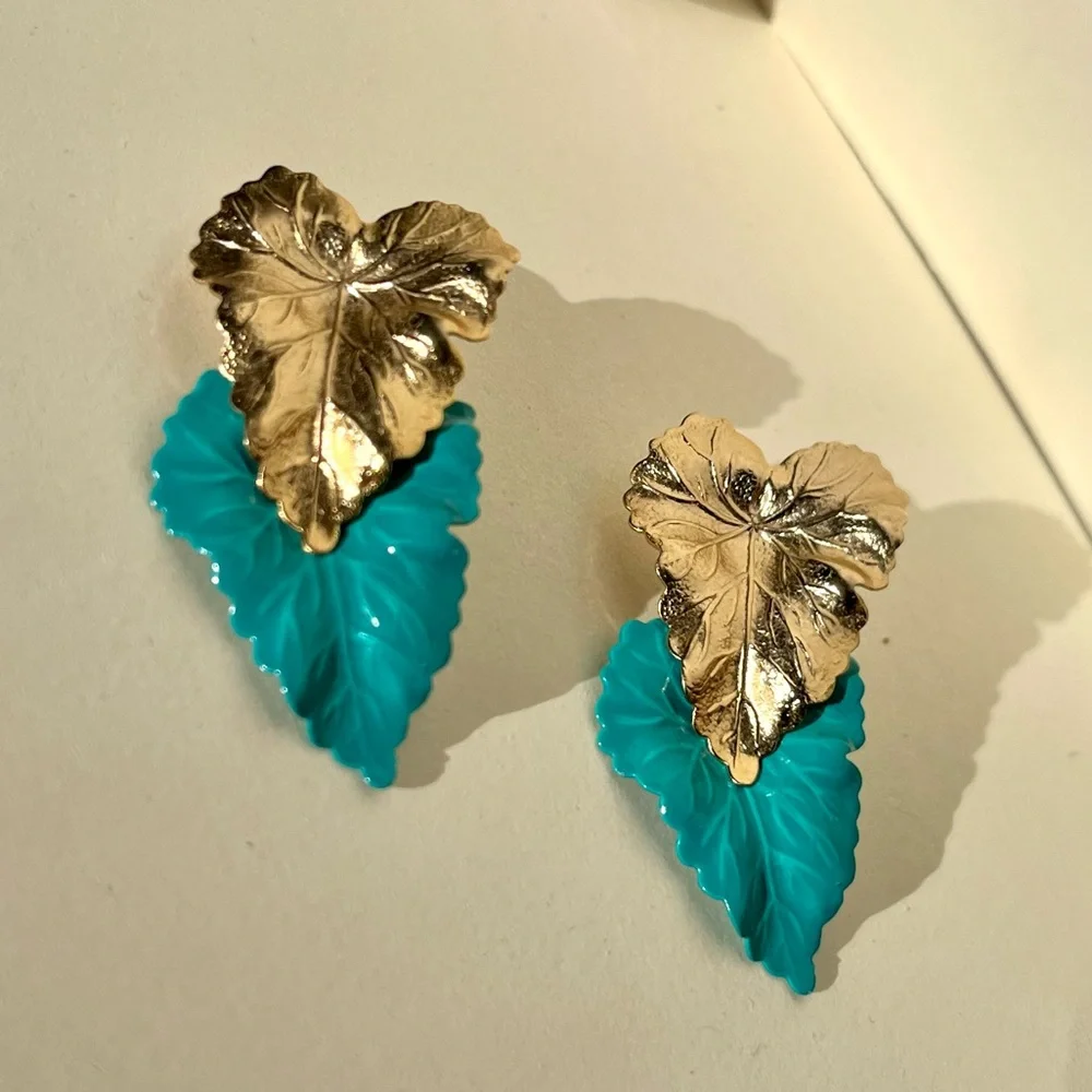 Gold & Teal Vintage Leaf Stud Earrings - Picture 2 of 4